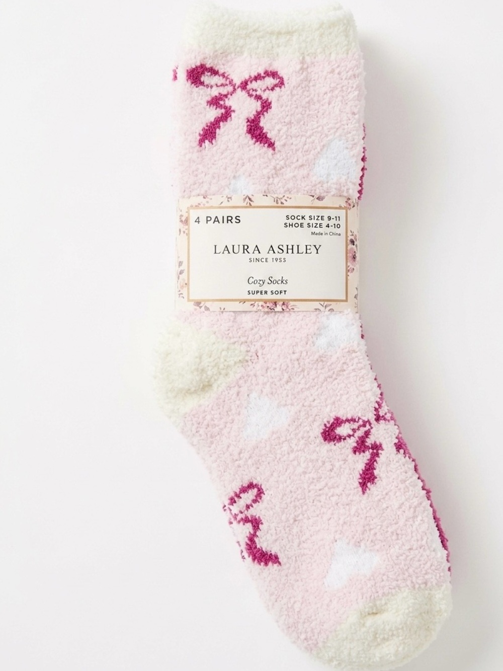 Laura Ashley Pink & White Cozy Fuzzy Socks with Bow Motif (4 Pairs)